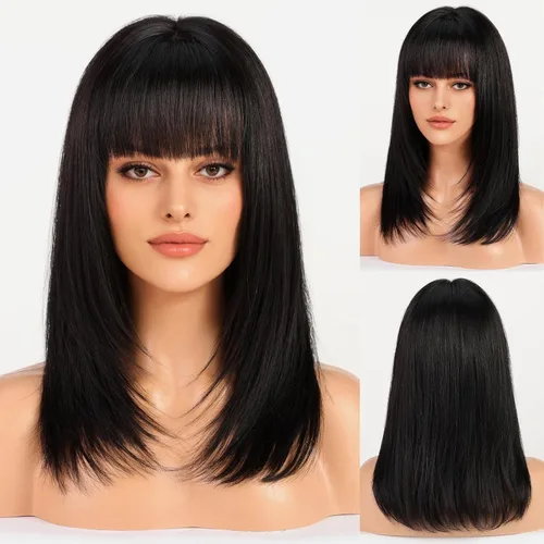 Miniatura 6 de KKU Pelucas de cabello humano de 16 pulgadas para mujer, peluca de cabello lacio en capas con flequillo, realismo natural, pelucas de cabello real