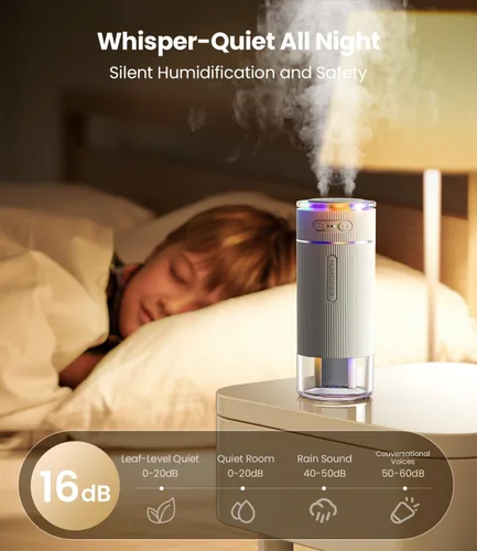 Miniatura 4 de WSKEN Humidificador pequeño portátil para dormitorio, boquilla doble, niebla fría grande, iluminación ambiental, encendido y apagado inteligente