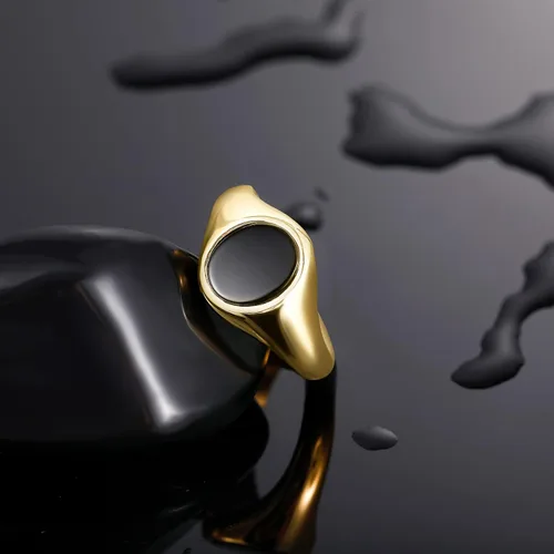 Miniatura 3 de TRUMIUM Anillos de sello chapados en oro de 18 quilates para hombres y mujeres, con incrustaciones de ónix negro, anillos de boda ligeros y gruesos