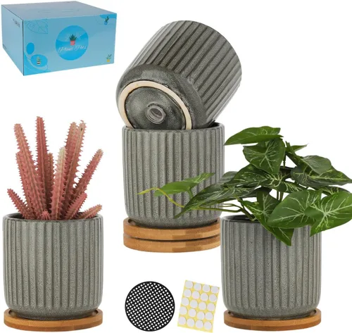 Miniatura 8 de Macetas de cerámica de 4 pulgadas con agujeros de drenaje, maceta moderna de patrón vertical con platillo para plantas de interior, suculentas