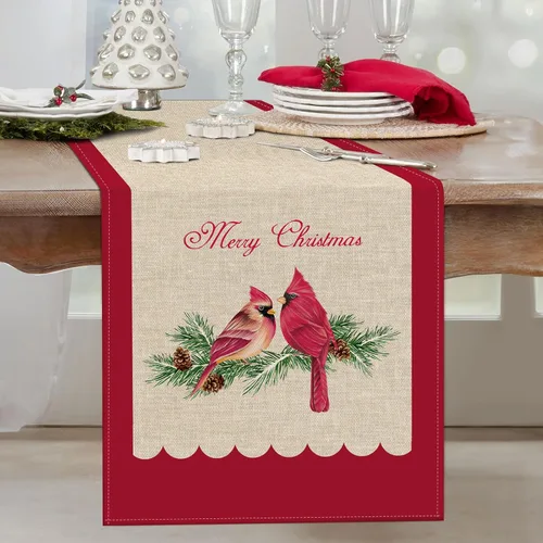Bonhause Camino de mesa cardenal rojo navideño de 13 x 72 pulgadas, pájaro en rama de pino estacional, invierno, vacaciones, cocina, comedor,
