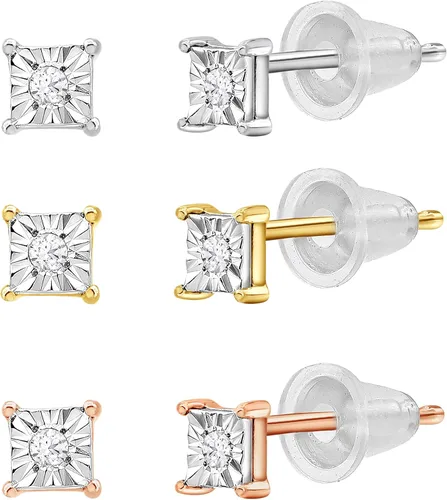 Miniatura 2 de La4ve Diamonds Paquete de 3 aretes cuadrados de plata de ley (J, I-3) Joyería de moda para niños, niñas adolescentes Caja de regalo incluida