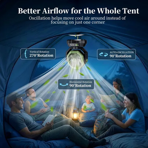 Miniatura 2 de AJVV Ventilador de campamento, batería oscilante, portátil, recargable, con luz y control remoto para campamento, al aire libre, corte de energía