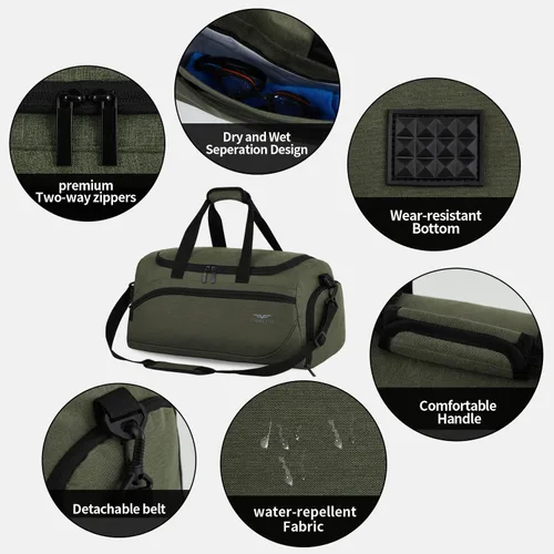 Miniatura 5 de FIORETTO Bolsa de deporte para hombre con bolsillo húmedo y compartimento para zapatos, ideal para viajes, gimnasio, deportes, natación, A-Verde