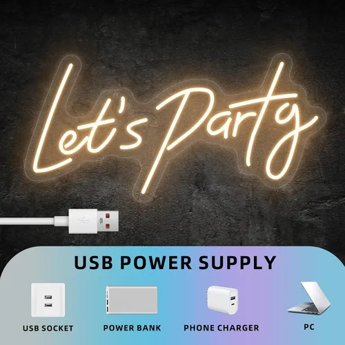 Miniatura 5 de Letrero de neón Lets Party para decoración de pared de fiesta, decoraciones de fiesta de neón LED brillantes, suministros de accesorios, blanco