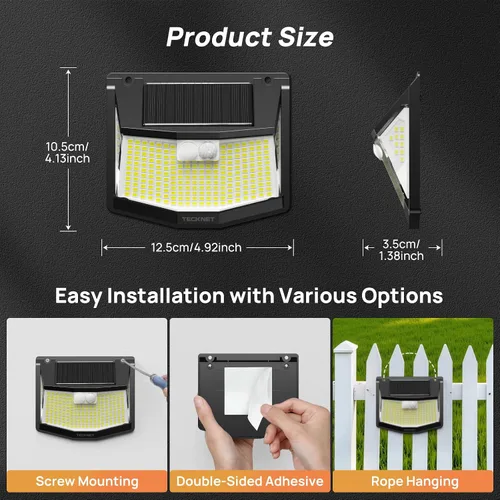 Miniatura 7 de TECKNET 248 Luces LED Solares para Exteriores y Sensor de Movimiento, Paquete de 4, Ángulo de 300° y 3 Modos de Iluminación, Luces Solares