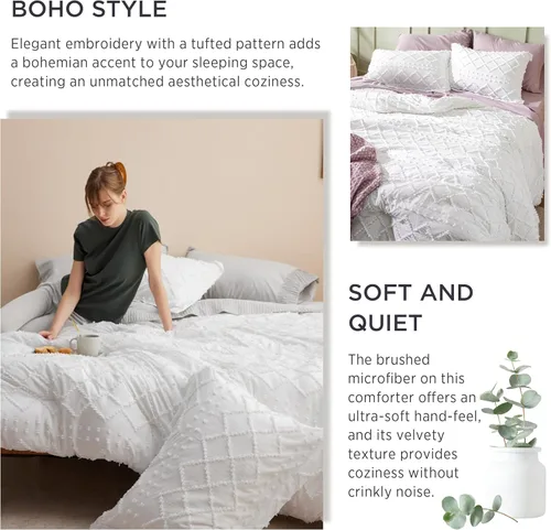 Miniatura 5 de Bedsure Juego de edredón tamaño individual, juego de ropa de cama bohemio con copetudo, estilo bohemio, desgastado y elegante, juego de ropa de cama