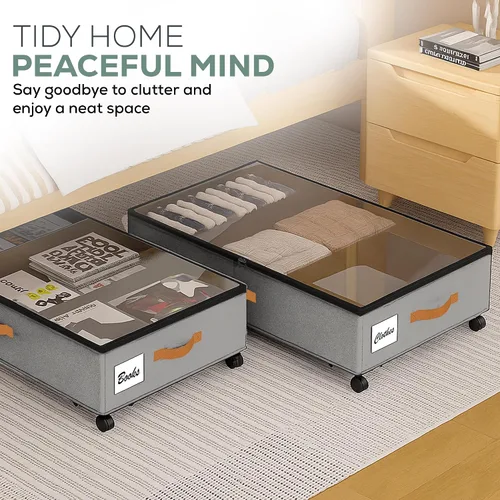 Miniatura 5 de Almacenamiento debajo de la cama con ruedas, paquete de 2 (36L cada uno), organizador de almacenamiento de perfil bajo con ventana transparente, Gris