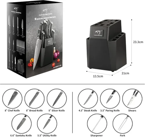 Miniatura 3 de NANFANG BROTHERS Damasco - Juego de cuchillos de cocina, 18 piezas con bloque, asas ergonómicas, tenedor de tallar, afilador, tijeras