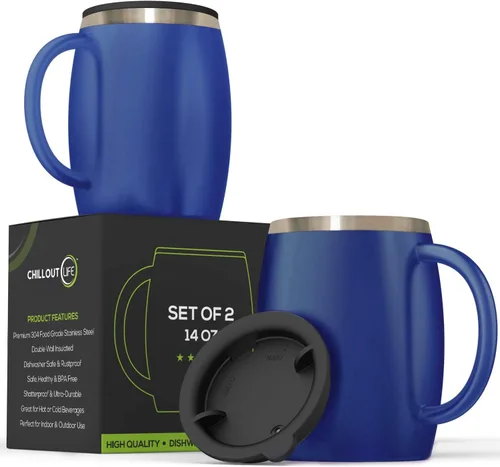 Miniatura 7 de Juego de 2 tazas de café aisladas de acero inoxidable (14 onzas) de doble pared con tapa y asa resistentes a derrames, tazas inastillables