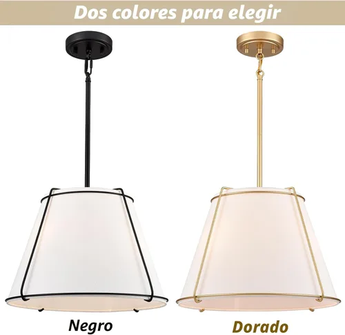 Miniatura 3 de Lámpara Colgante de Cono con Pantalla de Tambor de Tela con Linterna de Metal de 16 Pulgadas, Candelabros Blancos y Dorados para Cocina, Comedor