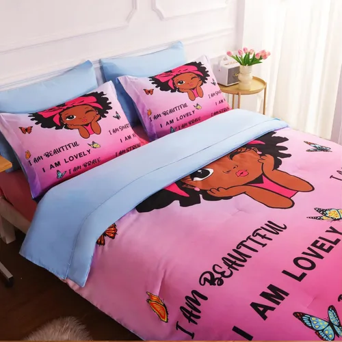 Miniatura 17 de Juego de ropa de cama con lazo para niñas, tamaño matrimonial, 7 piezas, color azul, Kawaii con lazo, cama en una bolsa para niños y adolescentes