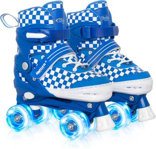 Nattork Patines ajustables para niños y adolescentes, ruedas iluminadoras con diseño de tablero de ajedrez para niños y niñas Azul