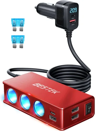 Miniatura 8 de BESTEK Divisor de encendedor de cigarrillos 9 en 1, 148 W, 3 enchufes, PD30W y 4 USB-A QC3.0 18W con pantalla LED, adaptador de encendedor de Negro-1