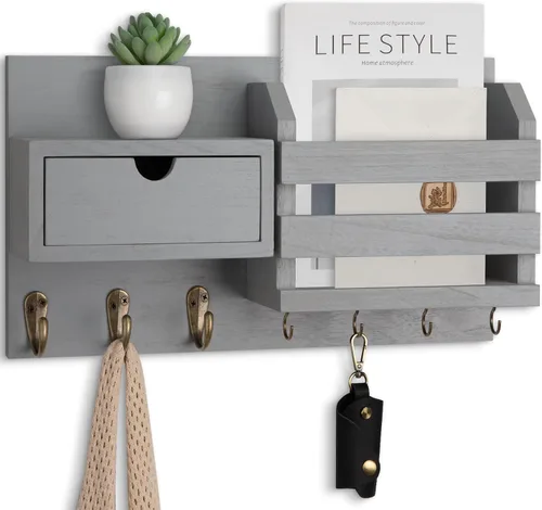 Miniatura 8 de Lwenki Organizador de llaves y correo de pared con cajón de almacenamiento, 100% madera de Paulownia, 7 ganchos de metal, decoración del hogar