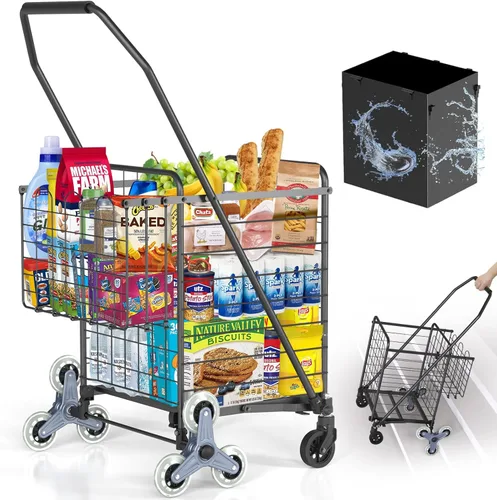 Miniatura 11 de Carrito de compras de capacidad de 450 libras, carrito de comestibles enorme con ruedas, carrito de compras plegable resistente con cesta doble