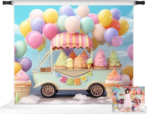 Miniatura 8 de Kate Telón de fondo de globo de helado para automóvil, decoración de fiesta de cumpleaños para niños, fondo de fotografía de 6.5 x 6.5 pies
