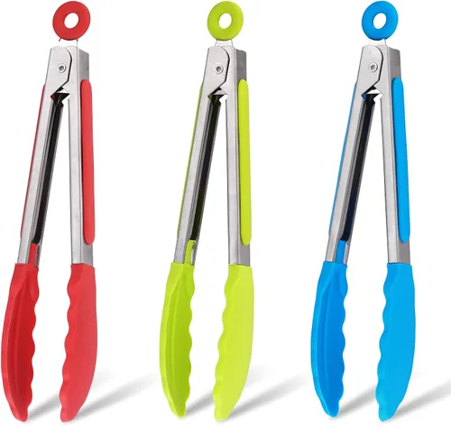 Small Tongs For Cooking,7 inch Kitchen Mini Tongs with Silicone Tips Great for Air Fryer Cooking Serving Tong Set of 3 Turning