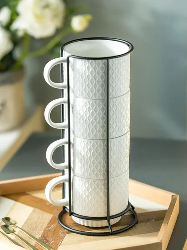 Miniatura 5 de LYEOBOH Tazas de café apilables con estante, juego de 4 tazas de café de cerámica de 13 onzas con soporte, taza de café con cuchara, tazas de Blanco