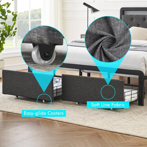Miniatura 8 de Base de cama Queen con 2 cajones de almacenamiento, cabecera capitonada con botones y luces LED, cama de plataforma tapizada con almacenamiento