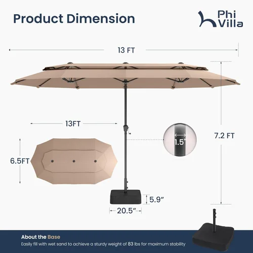 Miniatura 8 de PHI VILLA Sombrillas para patio al aire libre de 13 pies con base incluida, sombrilla rectangular de doble cara de 2 niveles para exteriores