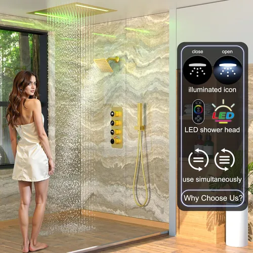 Miniatura 2 de Enga Sistema de cabezal de ducha doble, cabezal de ducha LED de lluvia de 14 x 20 pulgadas con cabezal de pared de 6 pulgadas, juego de grifo de Oro