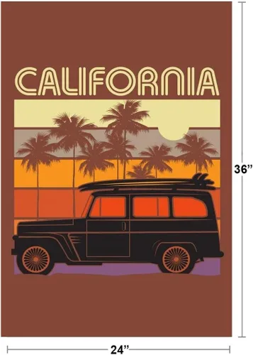 Miniatura 3 de California Vintage Retro Travel with Classic Car Surf Board on Roof Surfing Beach Palm Trees Photo Illustration Cool Wall Art Poster 24x36