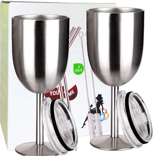 Miniatura 12 de AMZUShome Copas de vino de acero inoxidable (paquete de 2). Vaso de vino de doble pared aislado al vacío con tapa y pajita. Amistad, Navidad, Oro