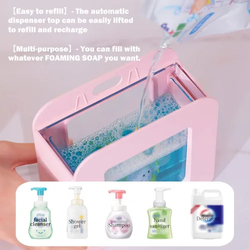 Miniatura 4 de Dispensador de jabón automático lindo - Dispensador de jabón de manos sin contacto rosa para niños, impermeable de montaje en pared USB recargable