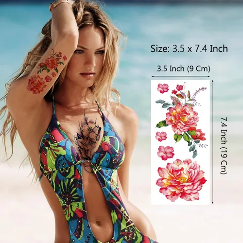 Miniatura 2 de Tatuajes temporales florales de 21 hojas, diseños brillantes de peonías y rosas en 3D, arte corporal impermeable para mujeres y niñas, calcomanías