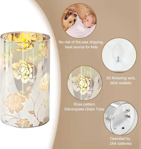 Miniatura 4 de Velas de Cristal Florales Sin Llama Rosa Románticas Operadas con Batería con Control Remoto Parpadeantes LED Plateadas Vela de Pilar de Cera Real