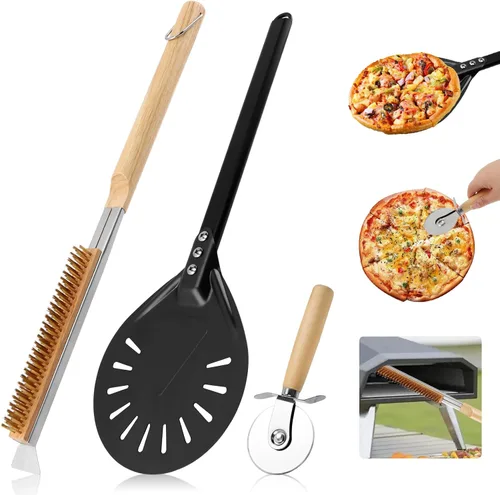 Miniatura 9 de Kit de accesorios para horno de pizza con cepillo para horno de pizza y raspador de piedra, mango largo perforado de aluminio de 7.8 pulgadas, rueda