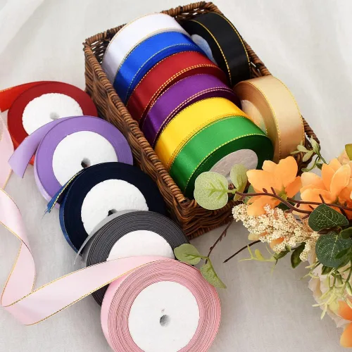Miniatura 6 de TONIFUL Cinta de satén fina de 1 pulgada x 25 yardas con bordes dorados, cintas de tela de borde dorado para envolver regalos, boda, cumpleaños