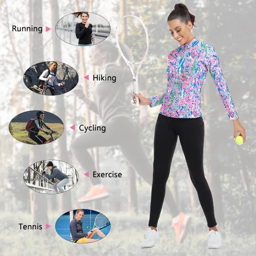 Miniatura 12 de WOWENY Camiseta deportiva de manga larga para mujer, con cremallera de un cuarto, cuello para entrenamiento, camiseta de tenis con estampado