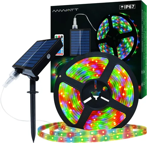 MIHEAL Tira de luces LED solares para exteriores, 16.4 pies, 280 luces LED, funciona con energía solar, tira LED que cambia de color con 8 modos de