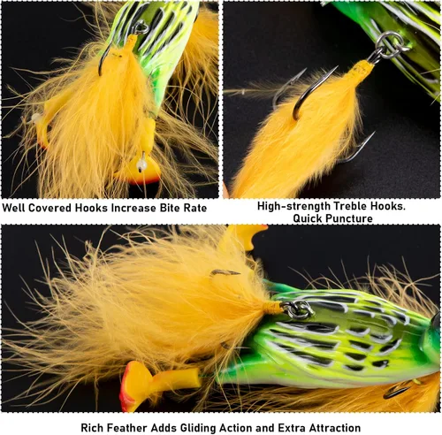 Miniatura 5 de Dr.Fish Topwater - Señuelo de pesca de pato de 4.1 pulgadas, realista, 3D, anzuelos de plumas de cebo duro flotantes, cebo artificial, lucio, lucio