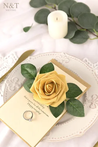 Miniatura 308 de N&T NIETING Flores artificiales, rosas artificiales de color rosa intenso, 50 piezas de flores falsas con tallo para ramos de boda DIY, centros
