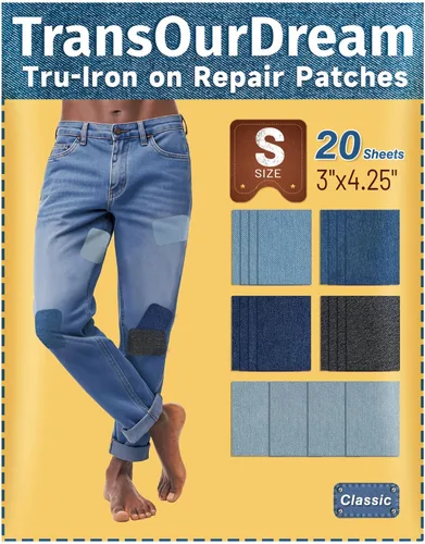 TransOurDream Tru-Parches para planchar para jeans, 20 piezas (3 x 4-1/4 pulgadas, talla S), parche de reparación para ropa, parches de mezclilla