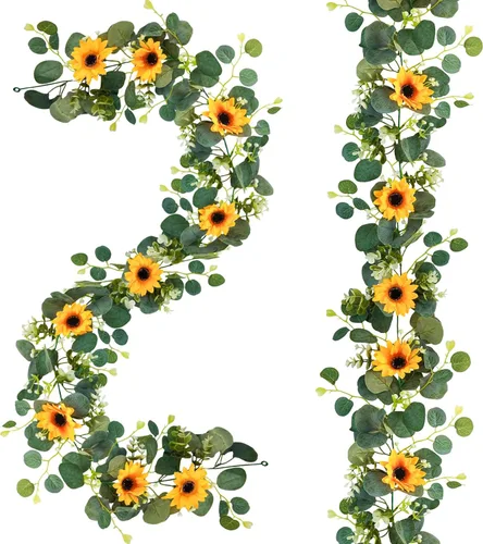 Uieke Paquete de 2 guirnaldas artificiales de girasol, 6 pies/hebra, girasoles de seda colgantes enredaderas, guirnalda de flores con hojas verdes