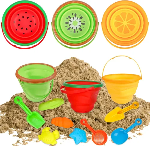 Juego de juguetes de arena de playa para niños, cubo de playa plegable de silicona plegable para viajes, juguetes de playa para verano al aire