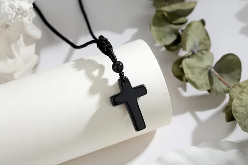 Miniatura 2 de Collar de cristal de obsidiana, collares de cristales de cruz, cuerda negra, piedra preciosa Reiki, joyería de cuarzo energético para hombres