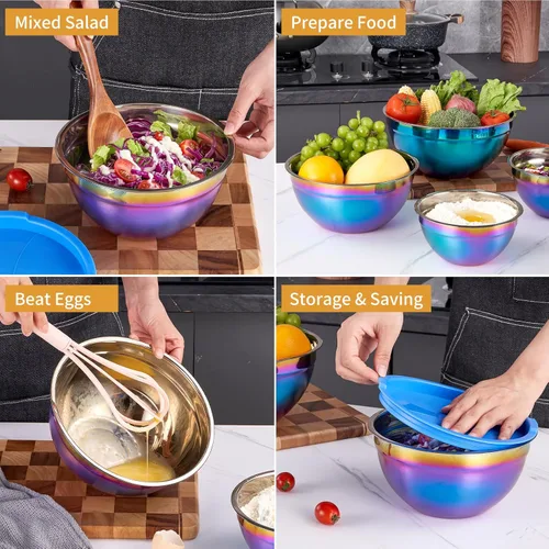Miniatura 4 de Tazones de mezcla arcoíris con tapas herméticas, cuenco de acero inoxidable, cuencos para ensalada, 4 piezas, coloridos cuencos anidables