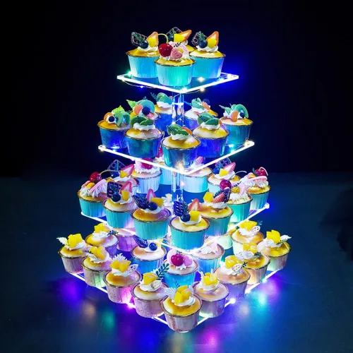 Miniatura 12 de Soporte para Cupcakes, Soporte Redondo para Cupcakes de 4 Niveles con Tira de Luces LED, Torre de Exhibición de Cupcakes de Acrílico para Bodas, Azul