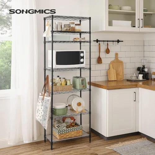 Miniatura 2 de SONGMICS Unidad de almacenamiento de 7 niveles, estantería de alambre, estante de metal de cocina con estantes ajustables, revestimientos de Negro