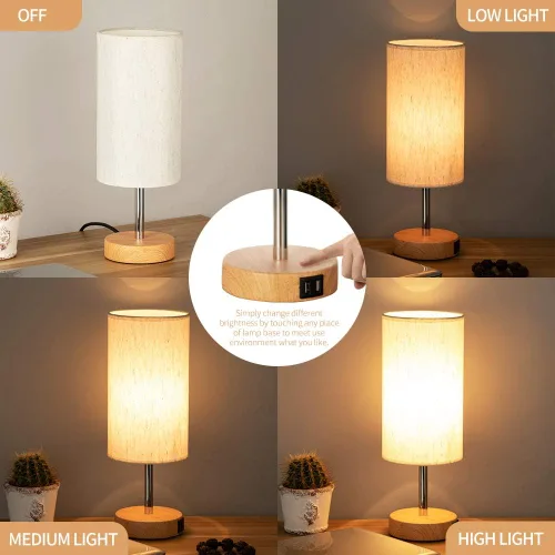 Miniatura 2 de Yarra-Decor Lámparas de noche con puerto USB, lámpara de mesa con control táctil para dormitorio, de madera, de 3 vías, regulable, juego de 2