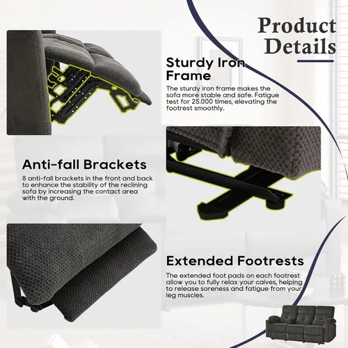 Miniatura 5 de Sofá reclinable eléctrico de 80 pulgadas con calor y masaje, sofá reclinable eléctrico con reposapiés extendido, sofá reclinable de 3 plazas con Gris