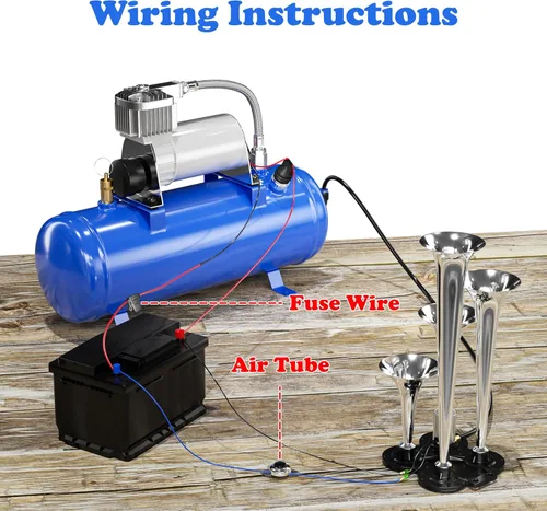 Miniatura 4 de Kit de bocina de aire de tren de 150 DB, kit de 4 bocinas de tren ruidosas para compresor de aire de 150 PSI 12V 1.59 galones para camiones, Azul