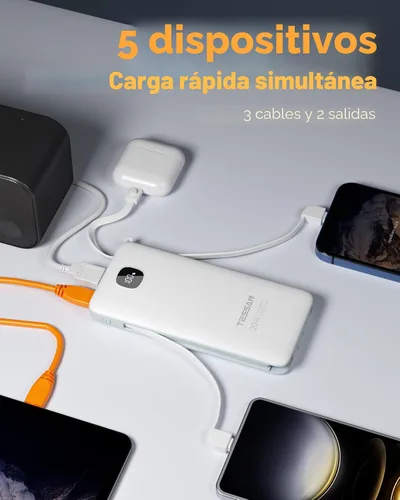 Miniatura 2 de Cargador portátil con cables integrados, cargador de batería TESSAN de 10000 mAh de carga rápida con cargador de pared plegable, paquete de batería