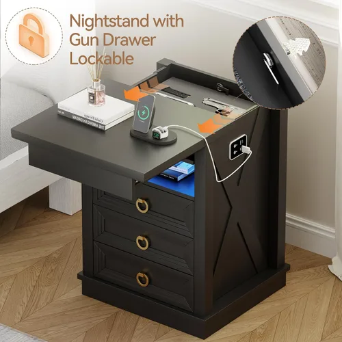 Miniatura 7 de Lvifur Mesita de noche de granja con cajón de armas, mesa de noche LED con sensor humano con luces LED y estación de carga, mesa auxiliar auxiliar