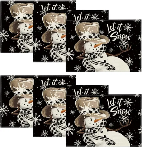Miniatura 8 de Artoid Mode Juego de 4 manteles individuales de invierno con diseño de copos de nieve y muñeco de nieve rojo de 12 x 18 pulgadas para decoración